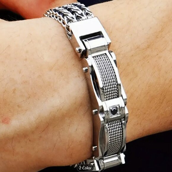 Stainless Steel Bracelet with Sparkling Accents - Rock-Inspired Braided Chain - Picture 5 of 7